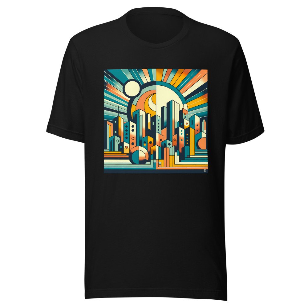 Geometric City Skyline with Sunburst