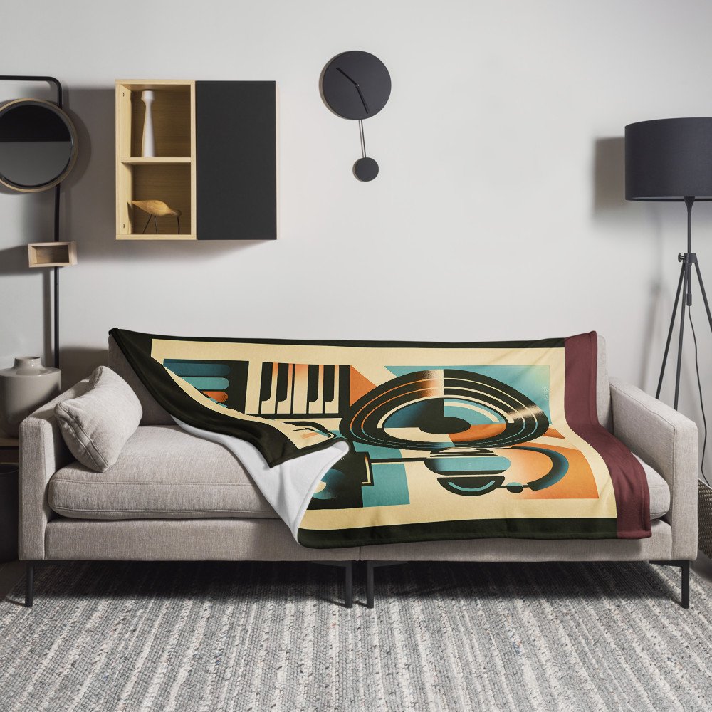 Retro Geometric Vinyl Record, Headphones and Piano Keys