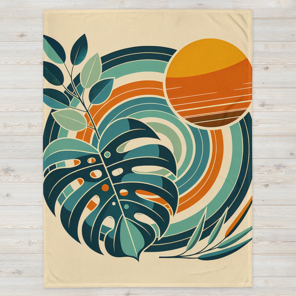 Geometric Monstera Leaves with Retro Sun Circles