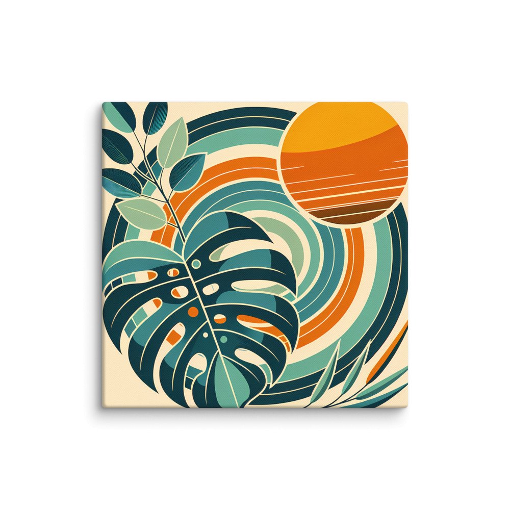 Geometric Monstera Leaves with Retro Sun Circles