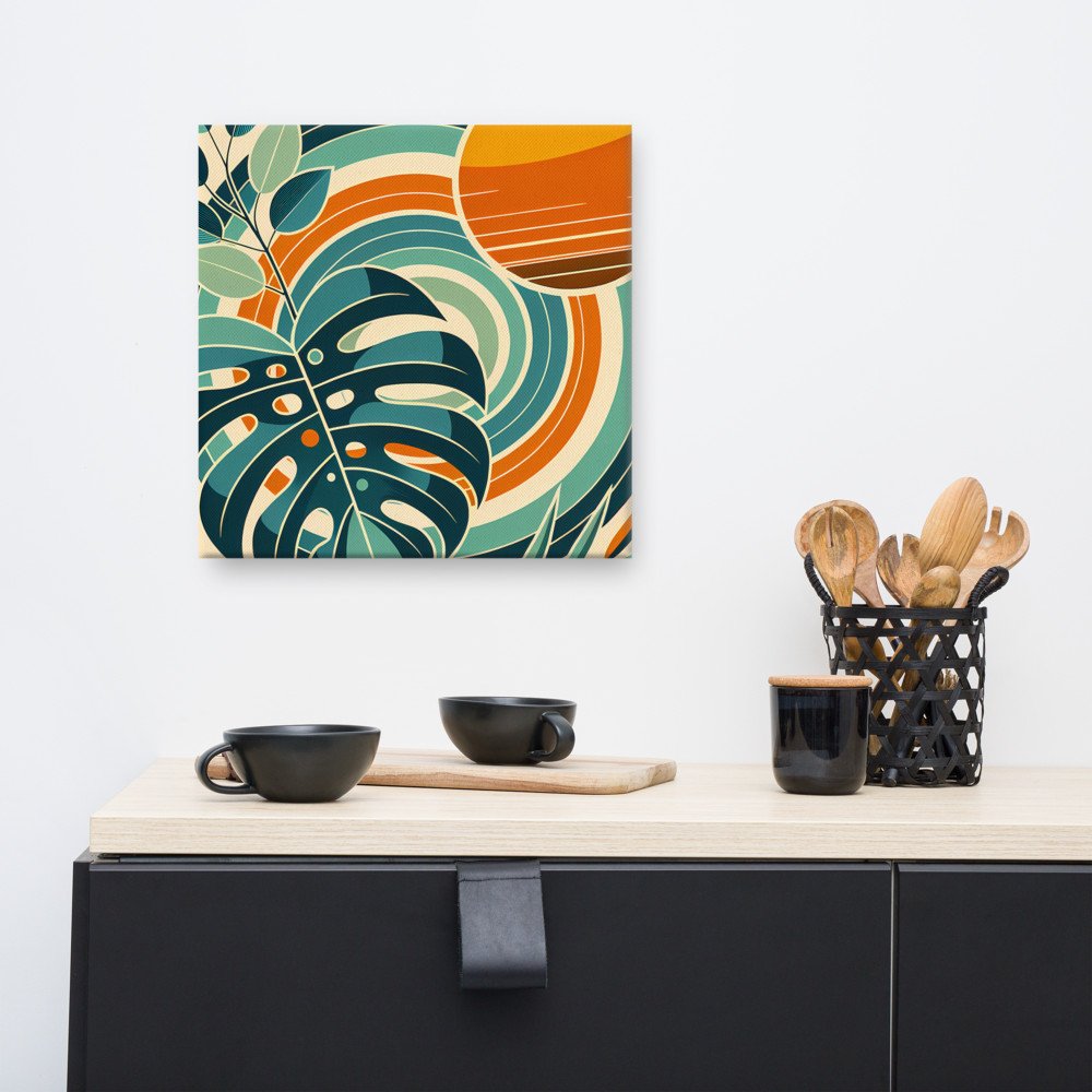 Geometric Monstera Leaves with Retro Sun Circles