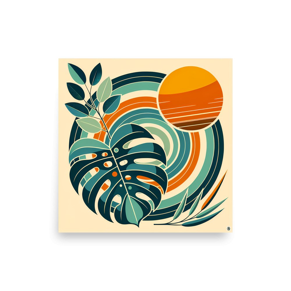 Geometric Monstera Leaves with Retro Sun Circles