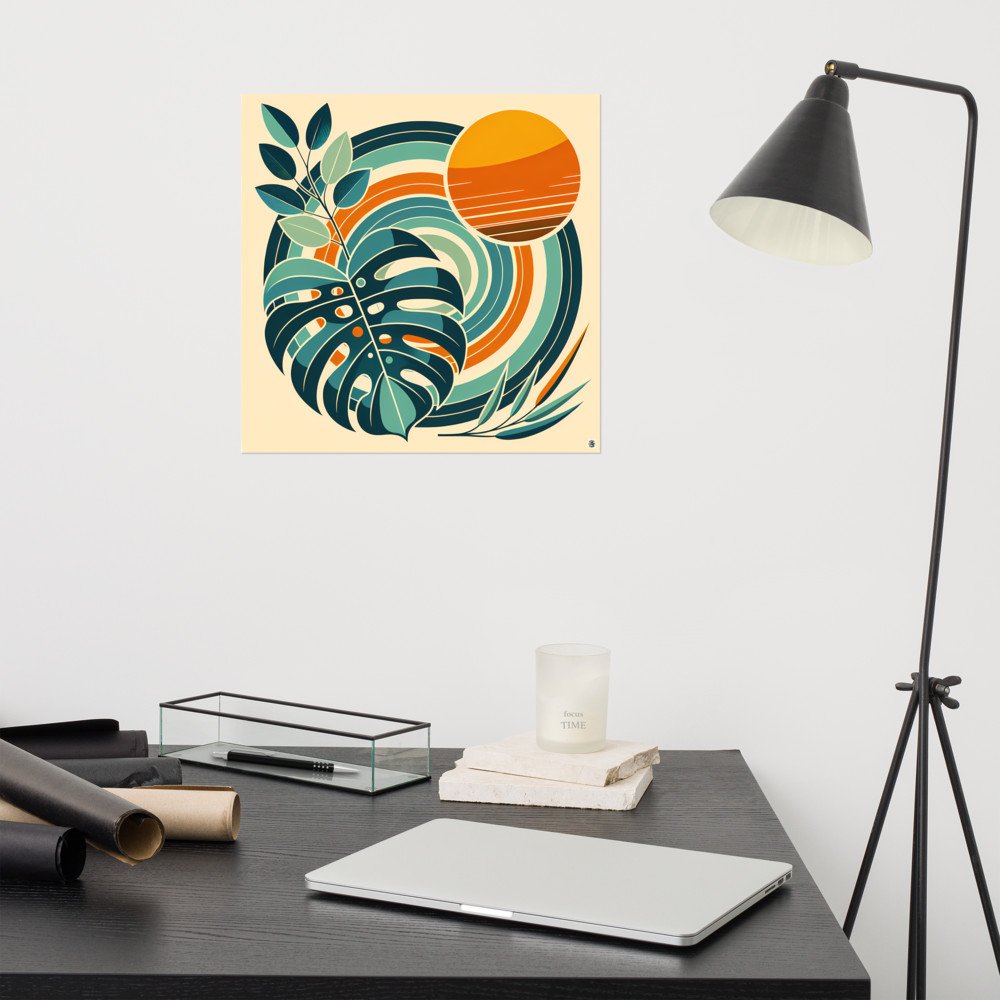 Geometric Monstera Leaves with Retro Sun Circles — Poster