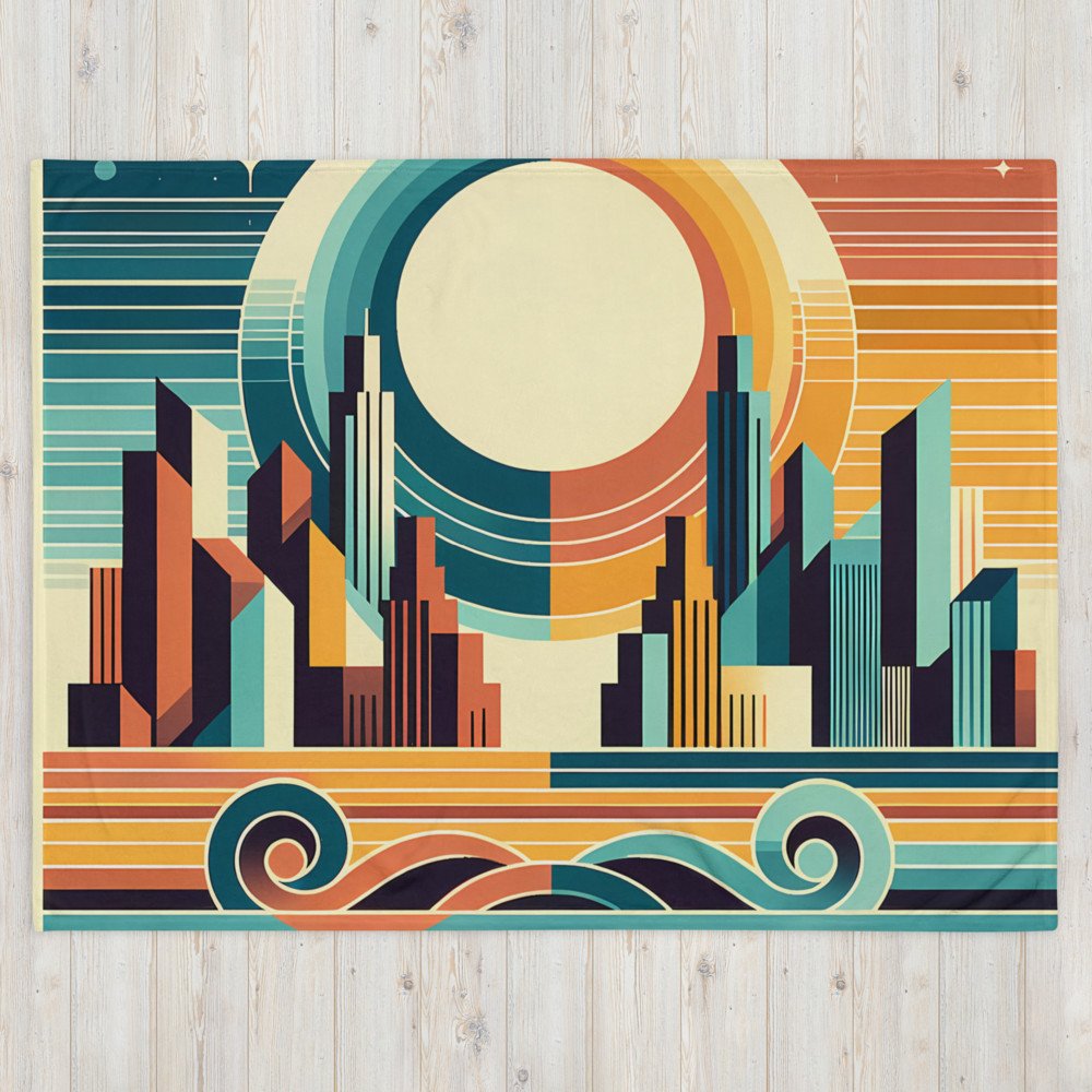 Retro Geometric City Sunset with Waves