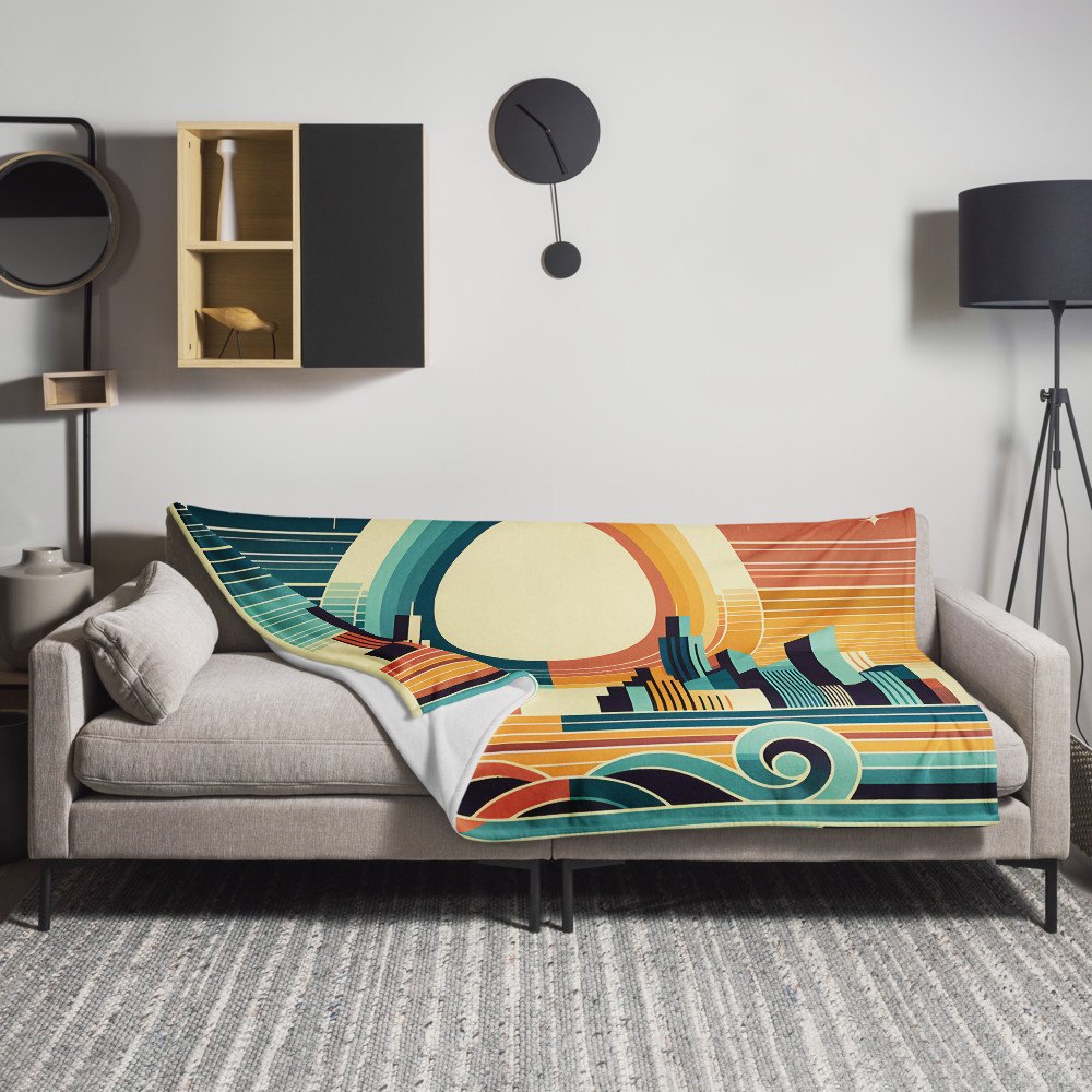 Retro Geometric City Sunset with Waves