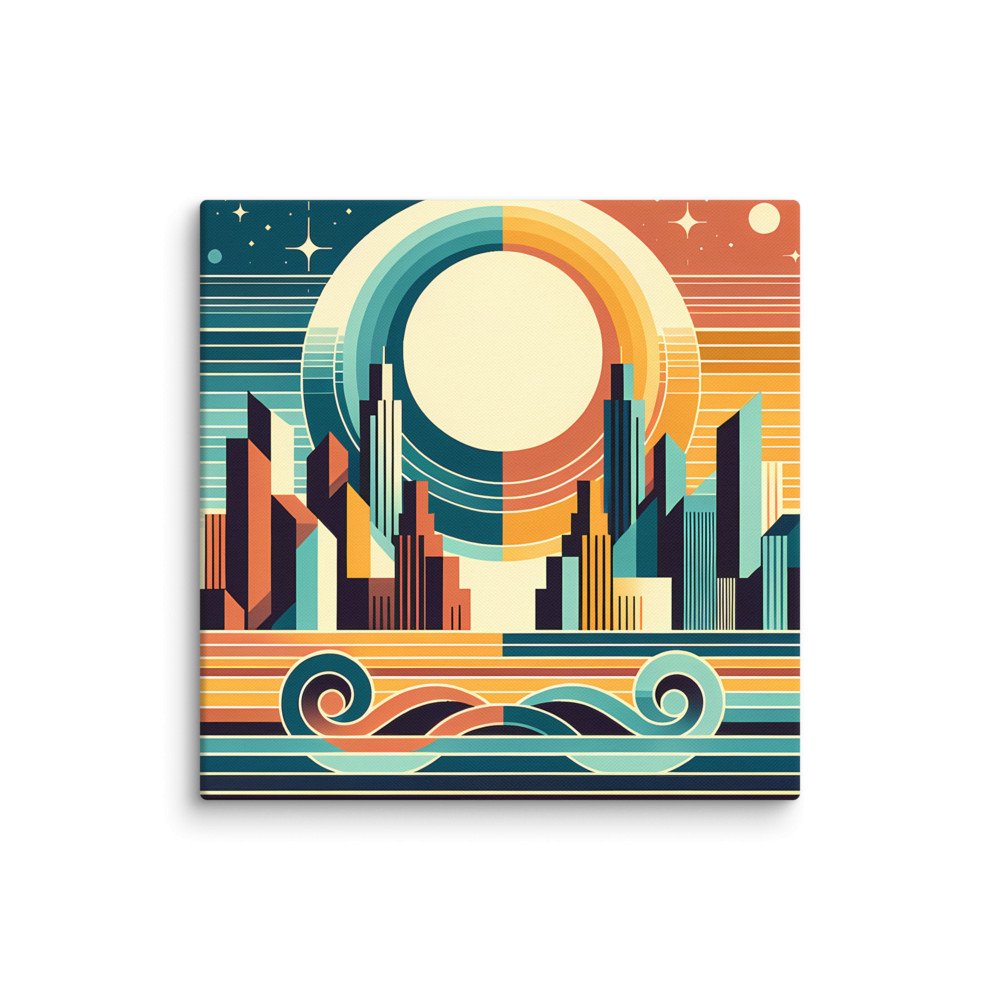 Retro Geometric City Sunset with Waves