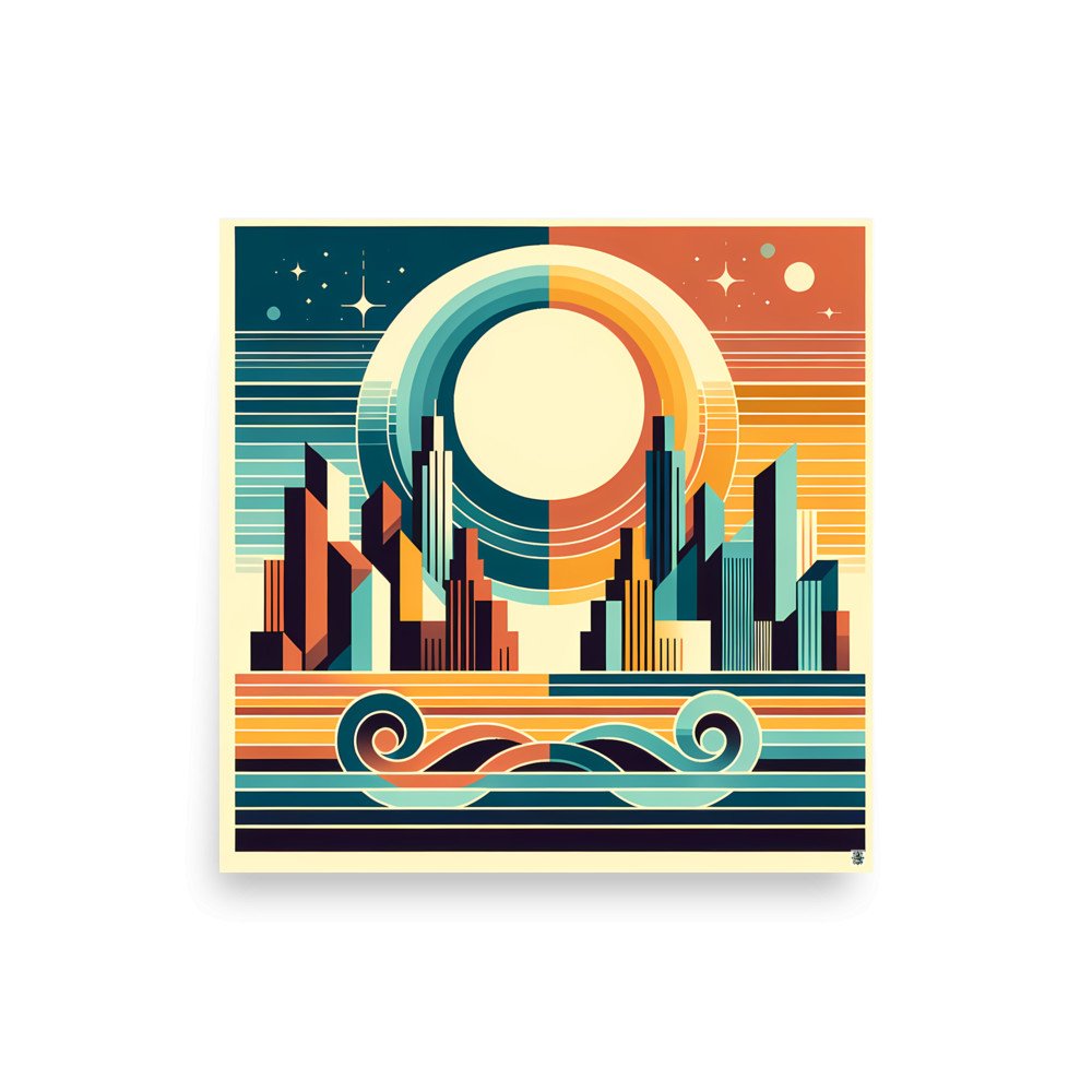 Retro Geometric City Sunset with Waves