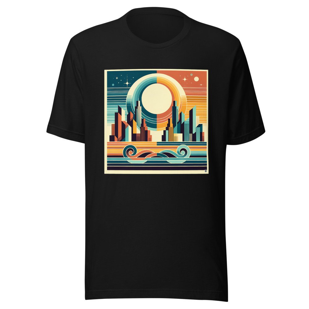 Retro Geometric City Sunset with Waves