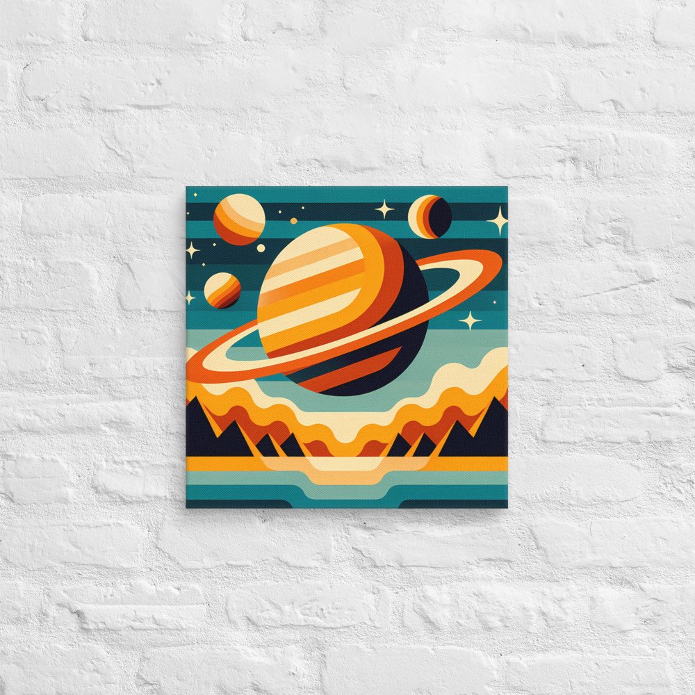 Retro Ringed Planet Over Mountains