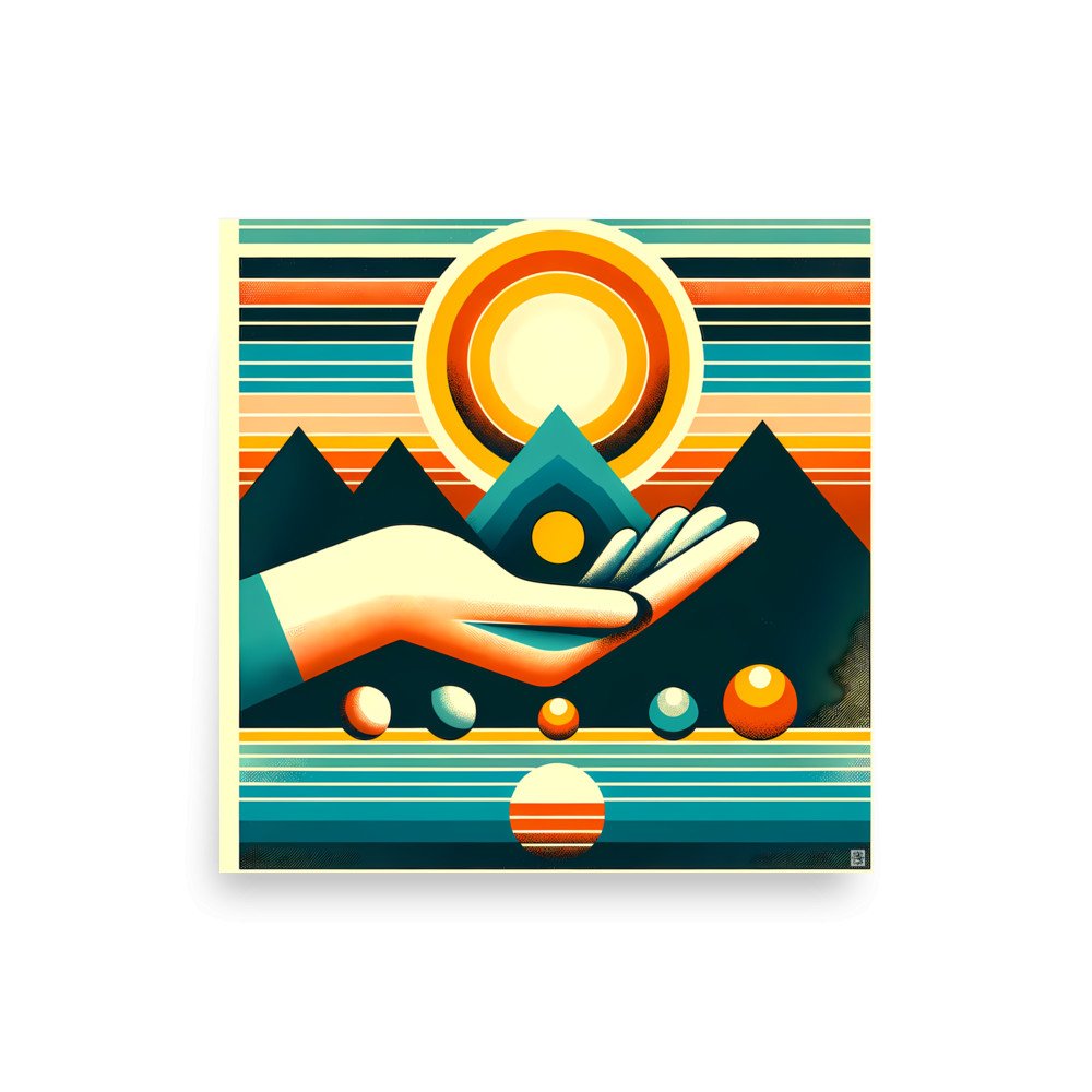 Retro Geometric Sun Over Mountains