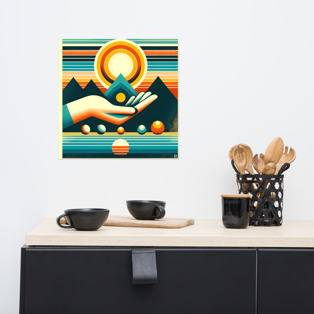 Retro Geometric Sun Over Mountains