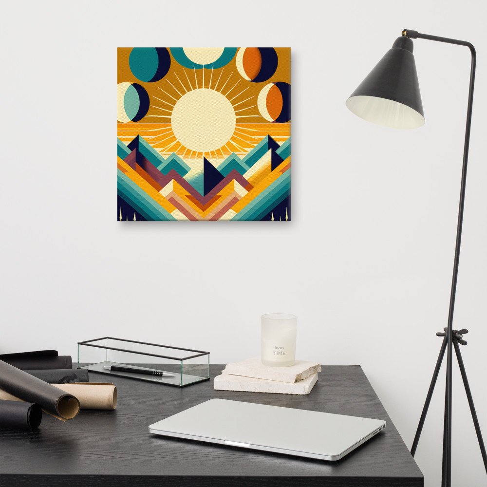 Geometric Sun and Moon Phases Over Mountains