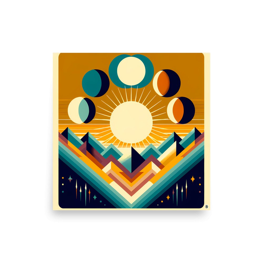 Geometric Sun and Moon Phases Over Mountains