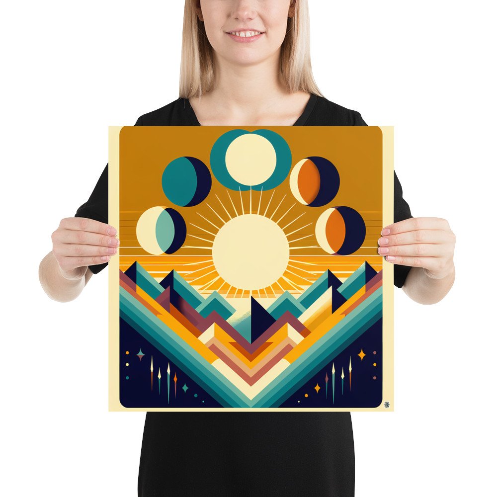 Geometric Sun and Moon Phases Over Mountains