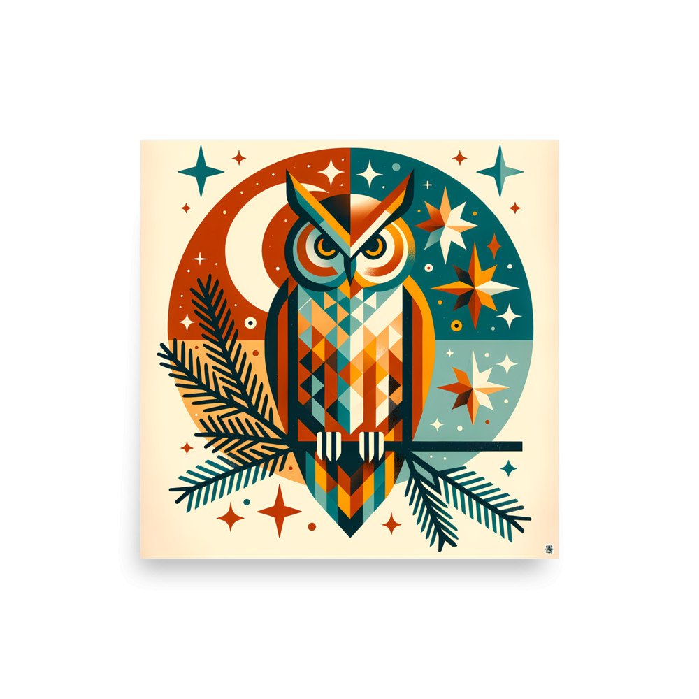 Geometric Owl Under Moon and Stars