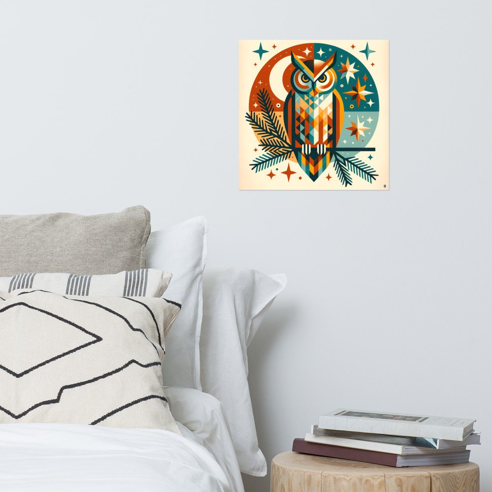 Geometric Owl Under Moon and Stars