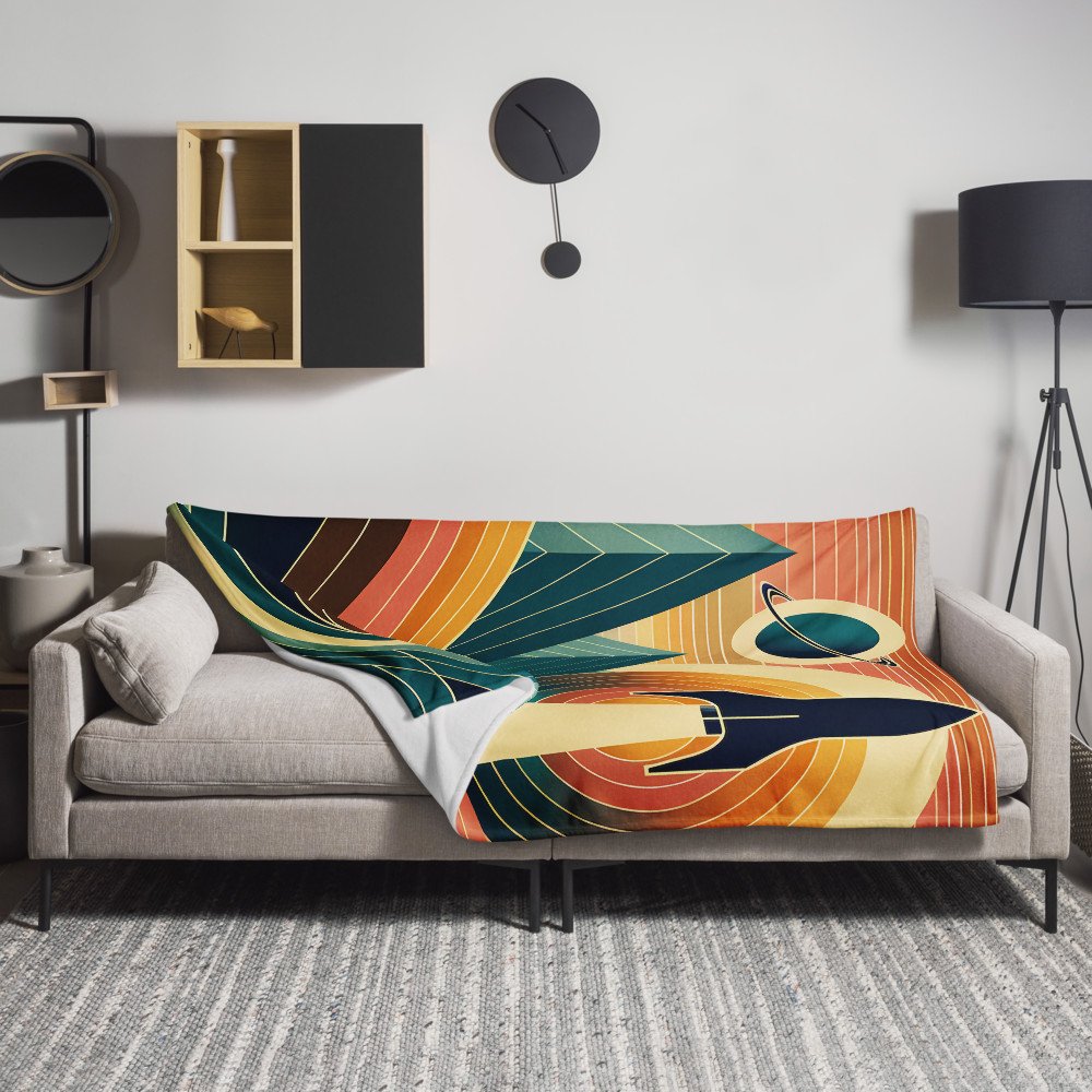 Retro Rocket Launch Over Geometric Mountains