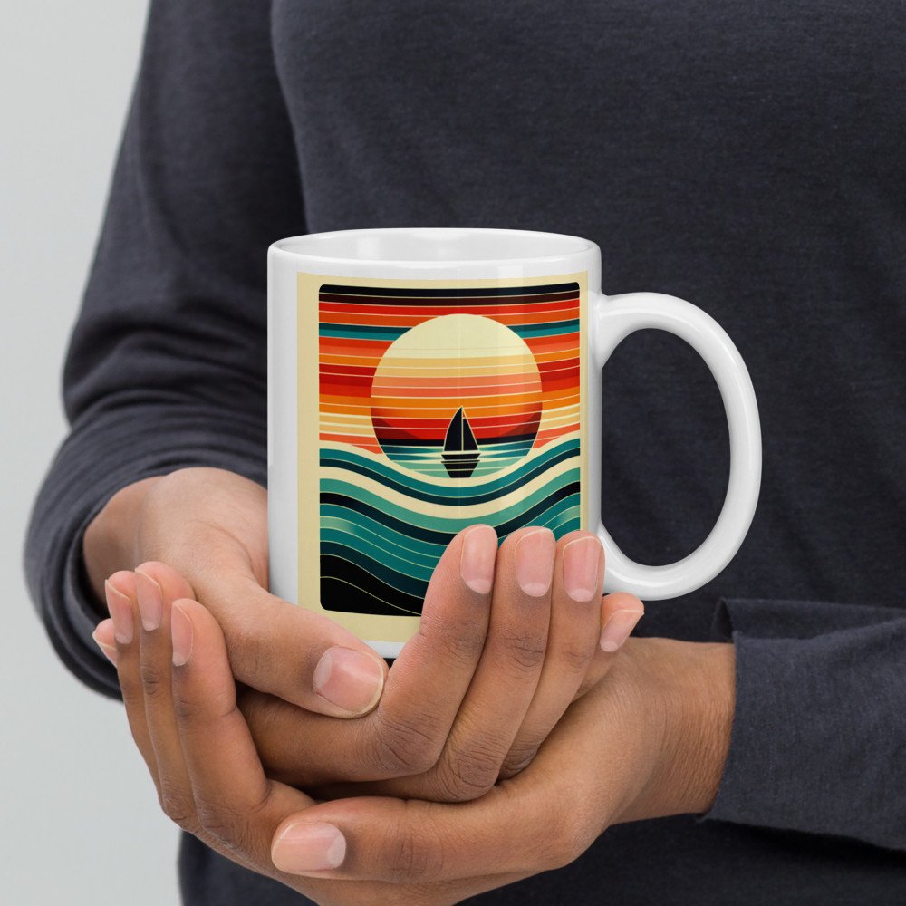 Retro Sailboat Sunset with Striped Waves