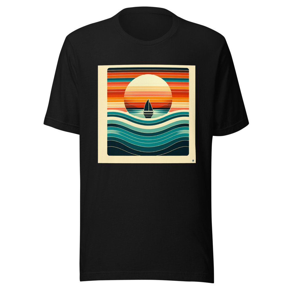 Retro Sailboat Sunset with Striped Waves
