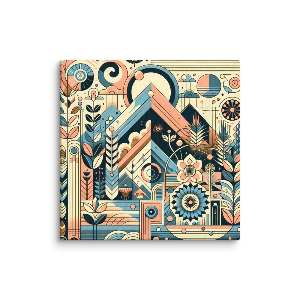 Retro Geometric Mountain Landscape in Teal and Peach
