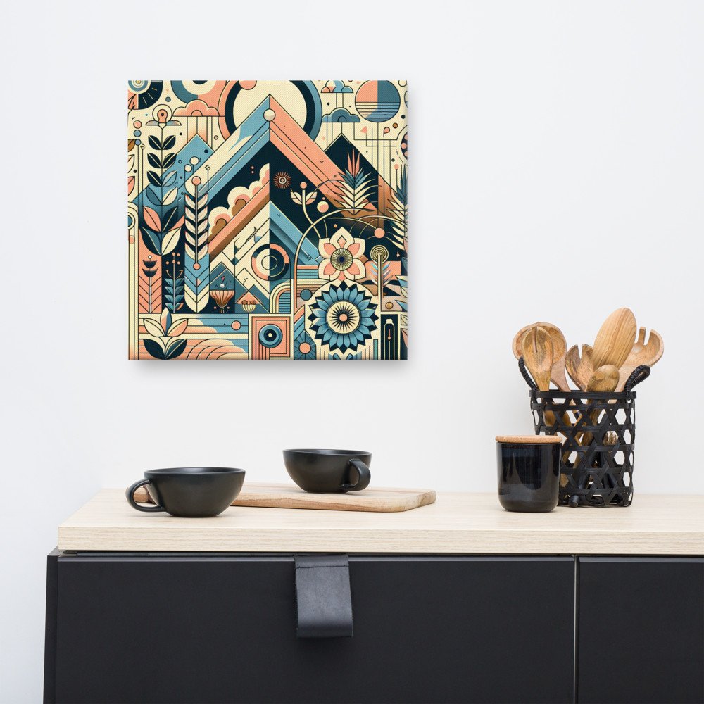 Retro Geometric Mountain Landscape in Teal and Peach