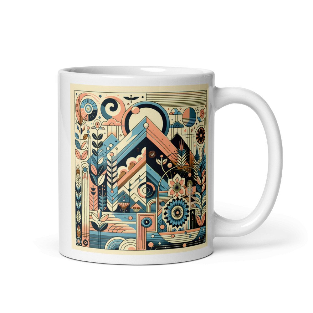 Retro Geometric Mountain Landscape in Teal and Peach