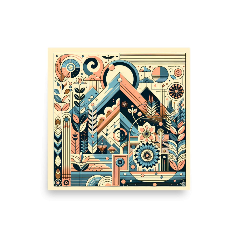 Retro Geometric Mountain Landscape in Teal and Peach