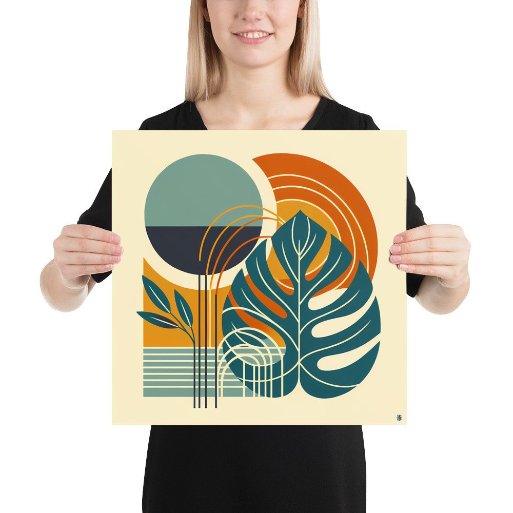 Abstract Monstera Leaves with Geometric Sun Shapes