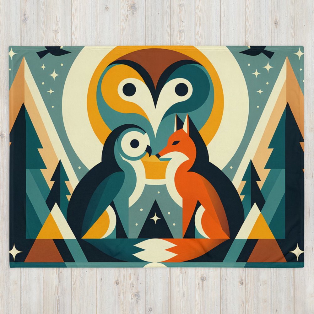 Geometric Owl and Fox Under Moon