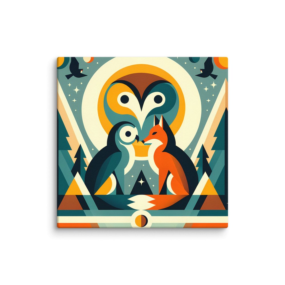 Geometric Owl and Fox Under Moon