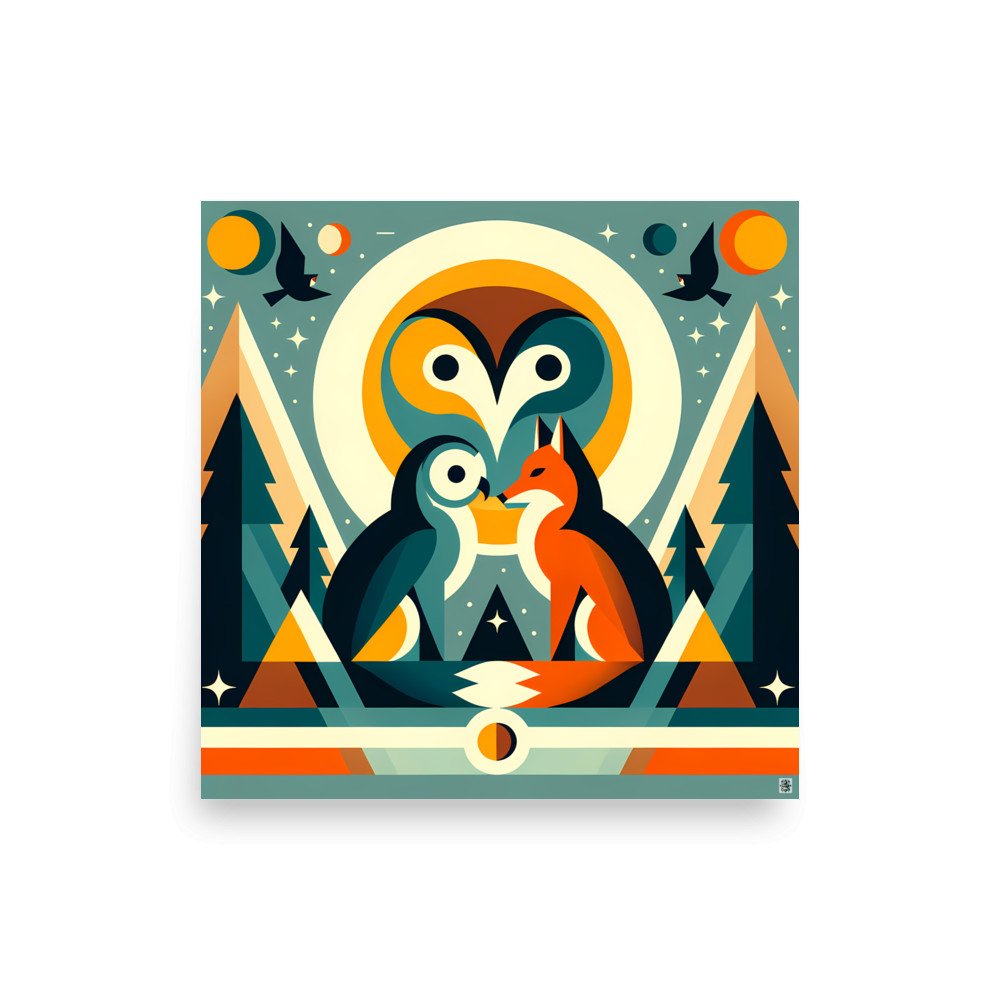 Geometric Owl and Fox Under Moon