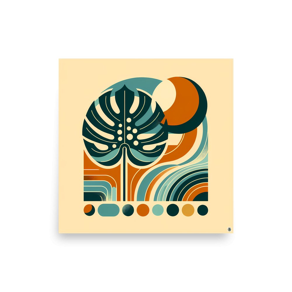 Abstract Monstera Leaf with Retro Geometric Shapes