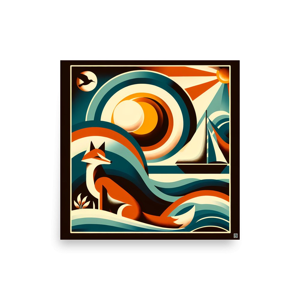 Geometric Fox and Sailboat Sunset