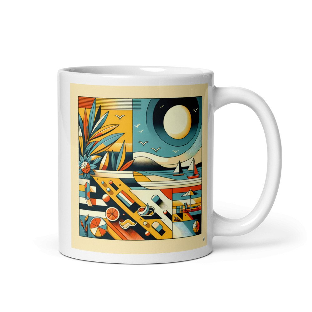 Retro Geometric Beach Sunset Sailboats Illustration