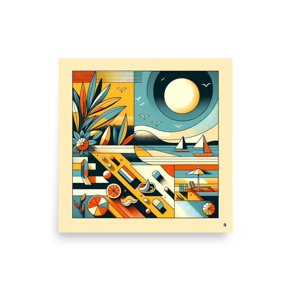 Retro Geometric Beach Sunset Sailboats Illustration