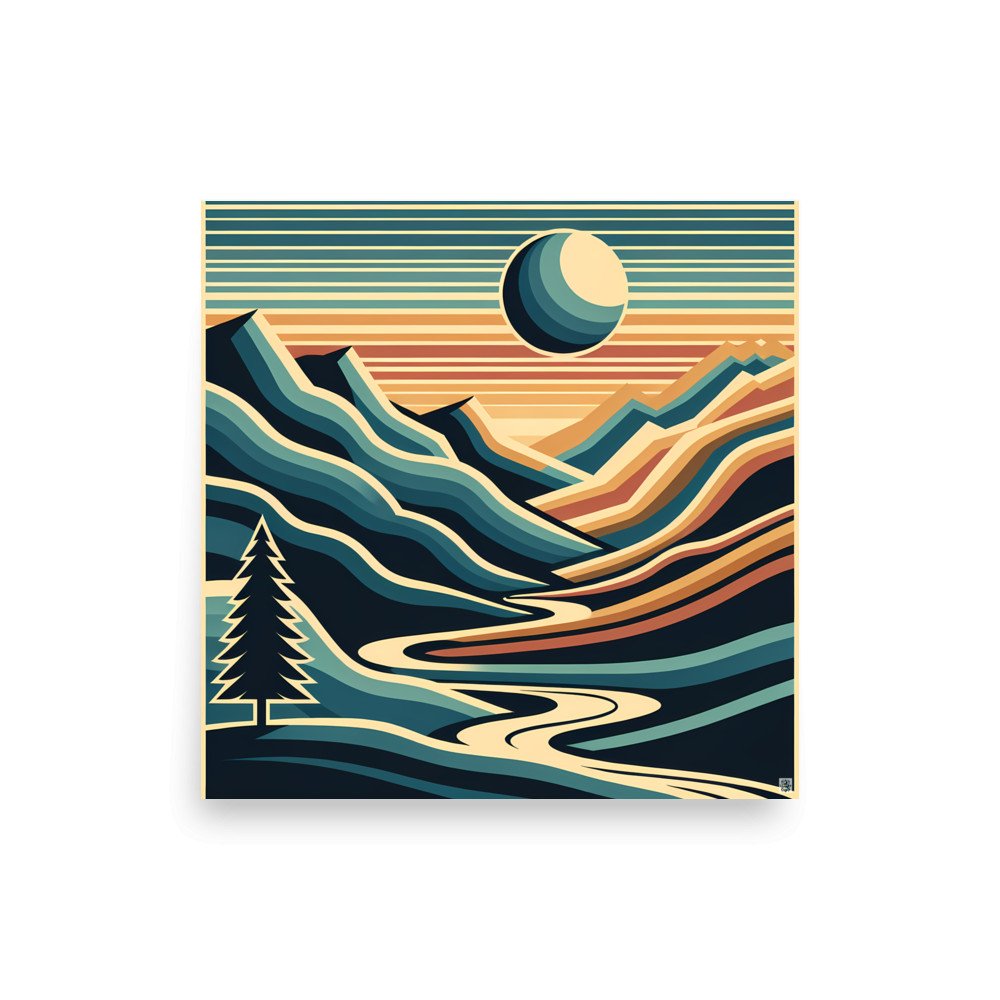 Geometric Mountain Valley with Sun and River