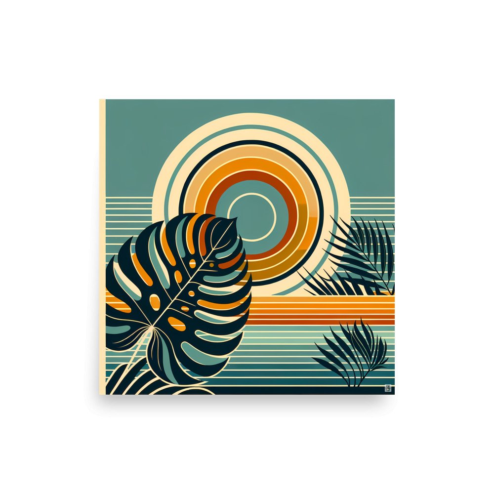 Geometric Monstera Sunset in Teal and Orange