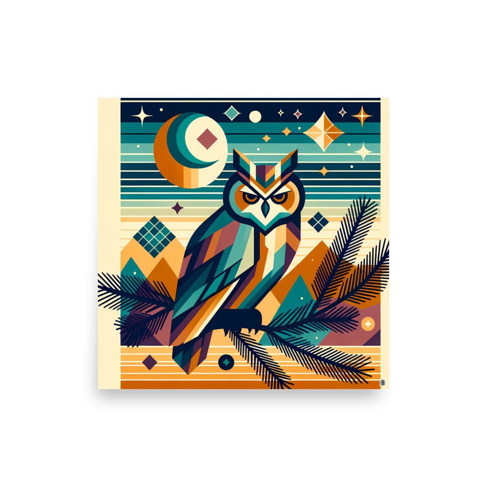 Geometric Owl Under Moon and Stars