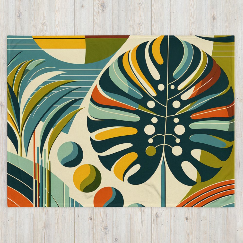 Abstract Monstera Leaf with Geometric Sun Shapes