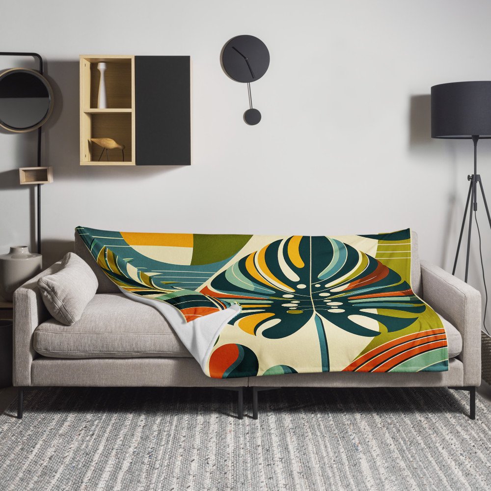 Abstract Monstera Leaf with Geometric Sun Shapes