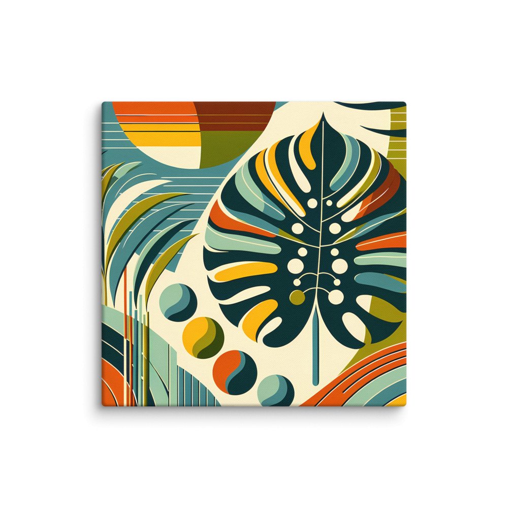Abstract Monstera Leaf with Geometric Sun Shapes