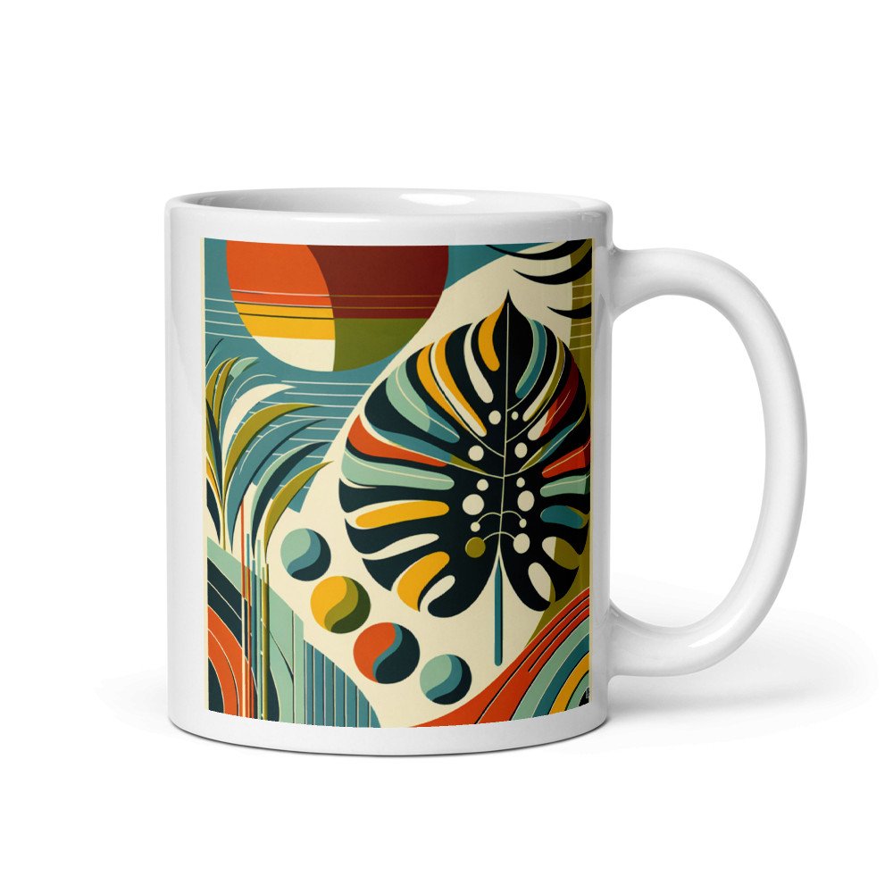 Abstract Monstera Leaf with Geometric Sun Shapes