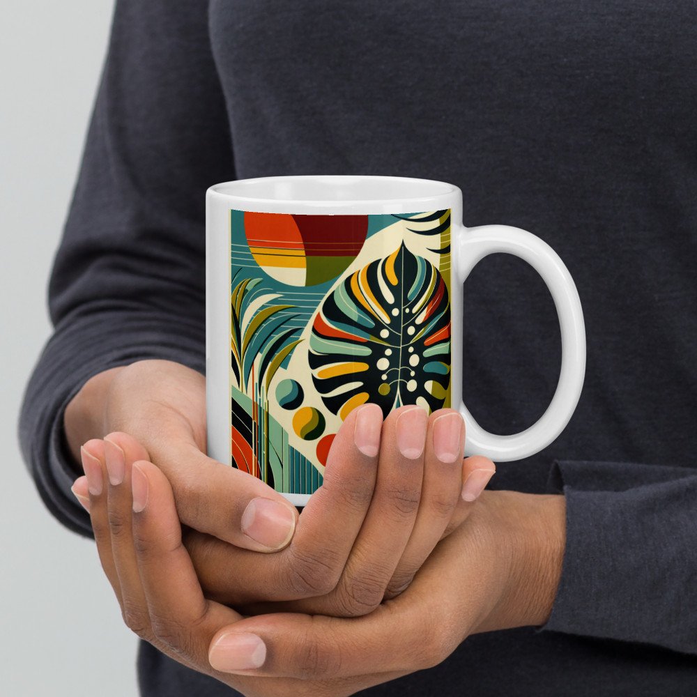 Abstract Monstera Leaf with Geometric Sun Shapes