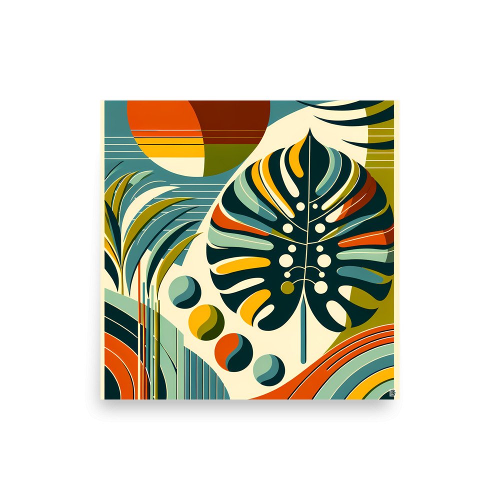 Abstract Monstera Leaf with Geometric Sun Shapes