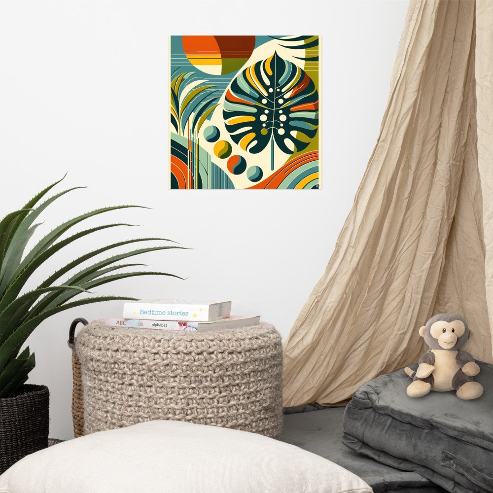 Abstract Monstera Leaf with Geometric Sun Shapes