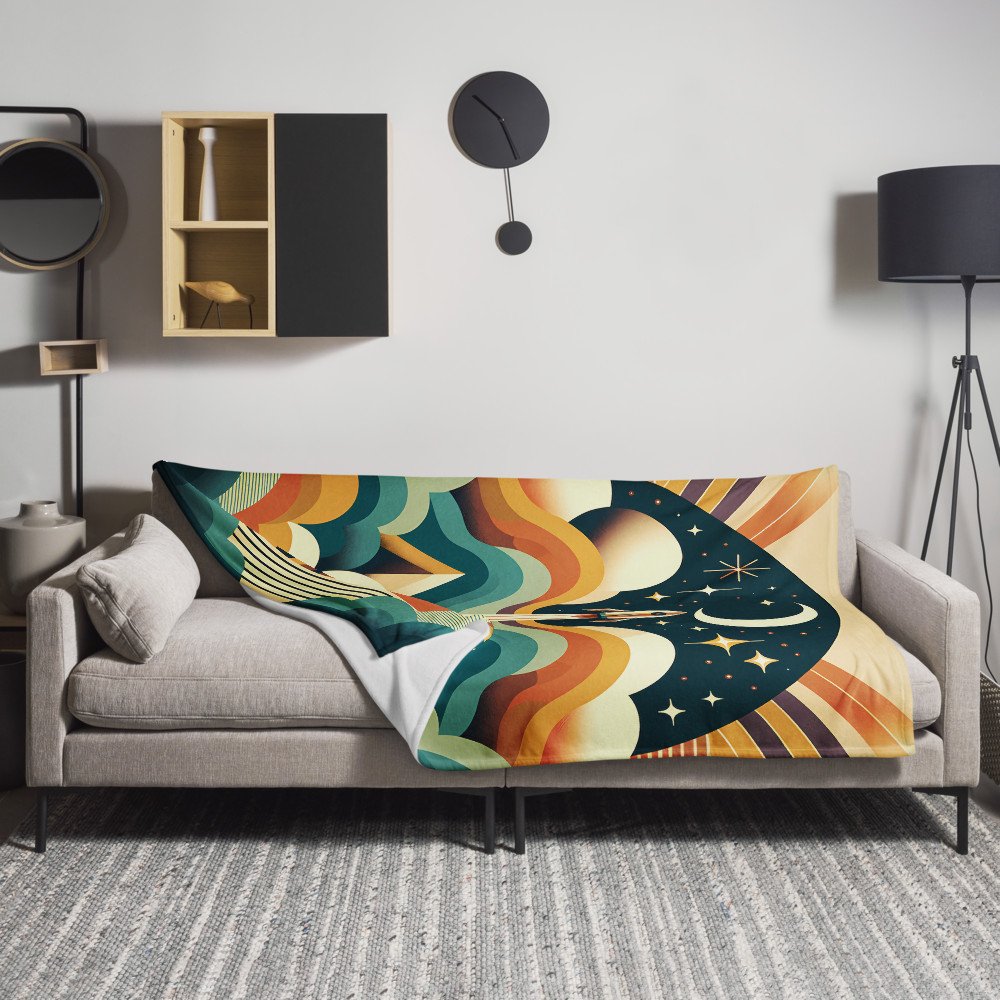 Retro Rocket Launch Over Mountains and Stars