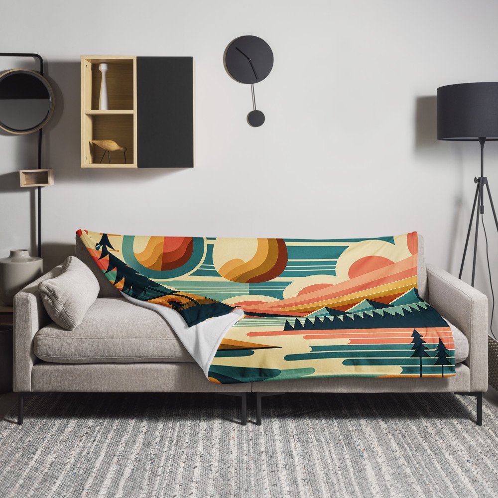 Geometric Mountains and Sun Over Lake