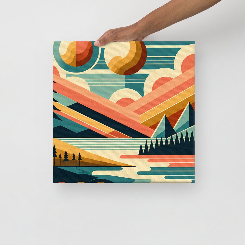 Geometric Mountains and Sun Over Lake