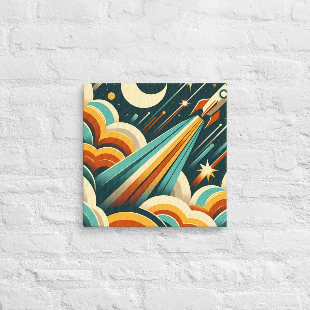 Retro Rocket Launch Through Clouds and Stars