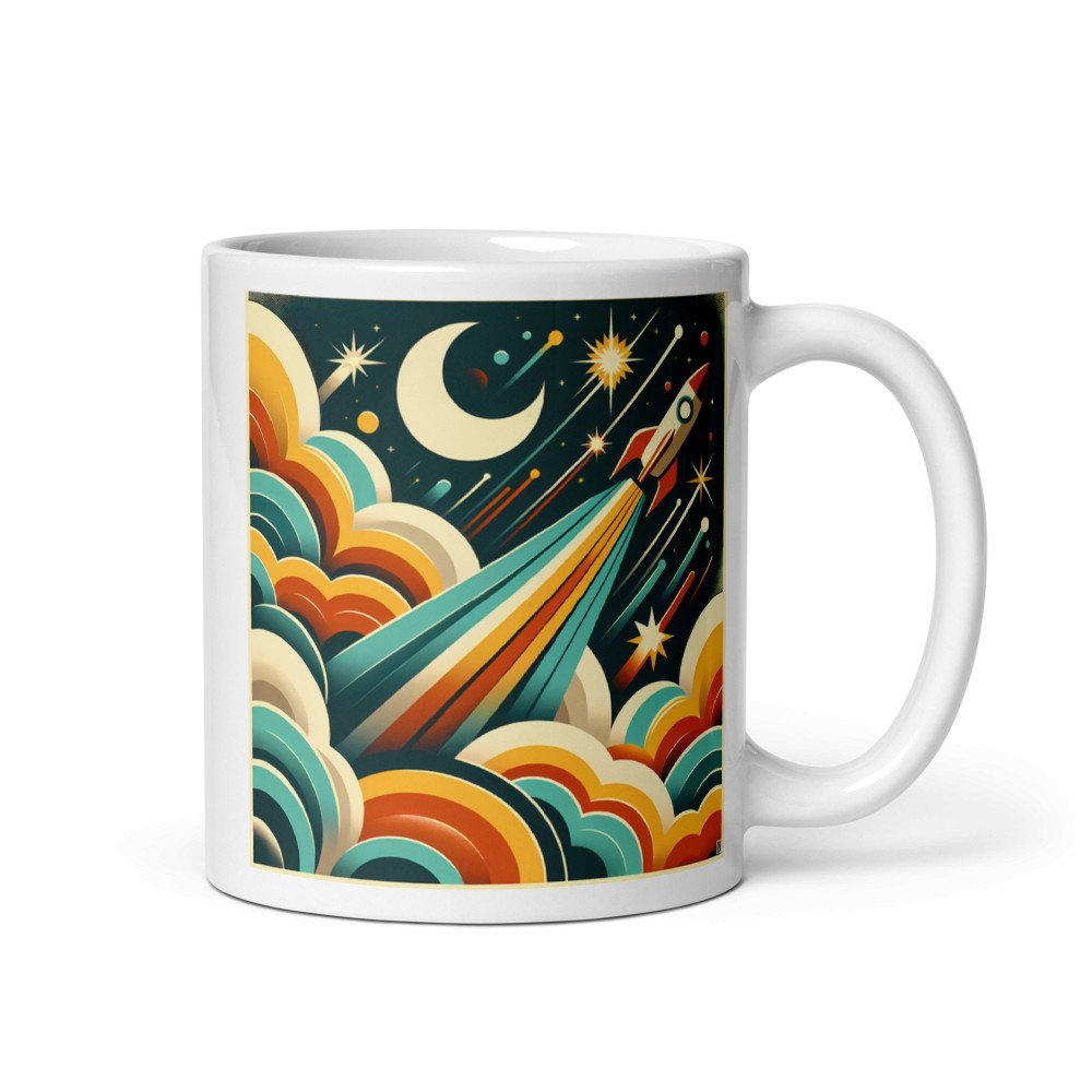 Retro Rocket Launch Through Clouds and Stars